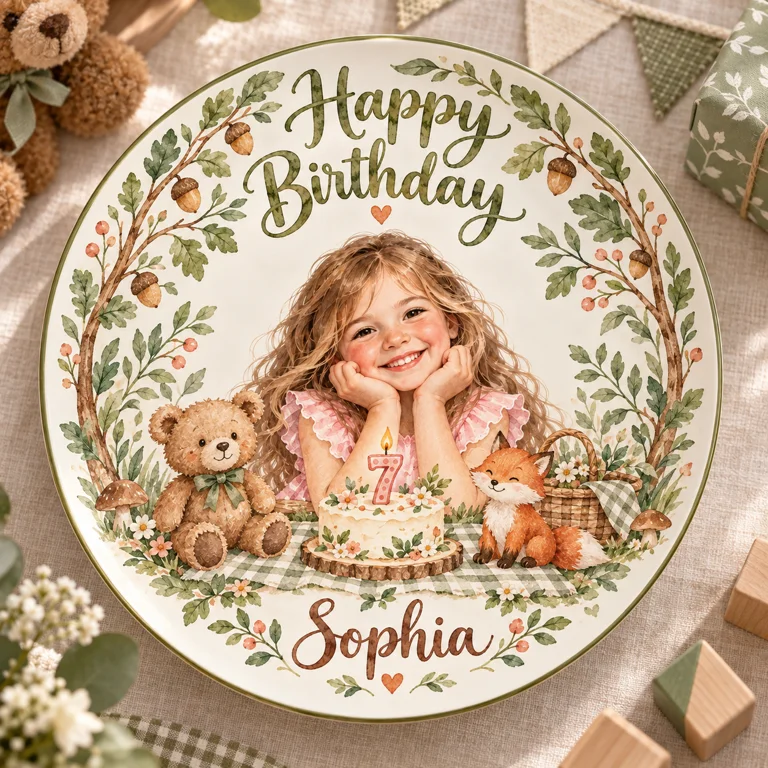 Personalized Birthday Ceramic Round Plate - Woodland Watercolor Portrait Gift