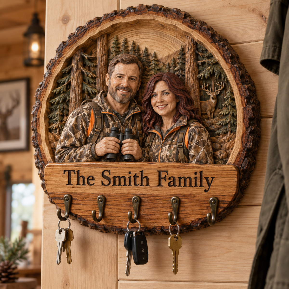 Personalized Hunting Key Rack - Woodland Couple with 5 Hooks