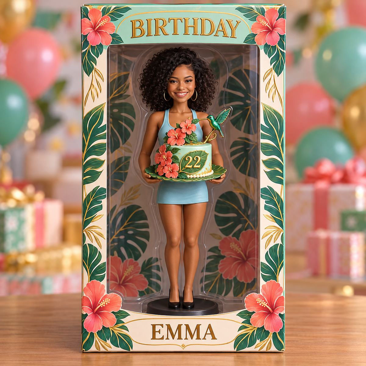 Personalized Birthday Display Box - Portrait Figurine with Butterfly Cake, Name and Age