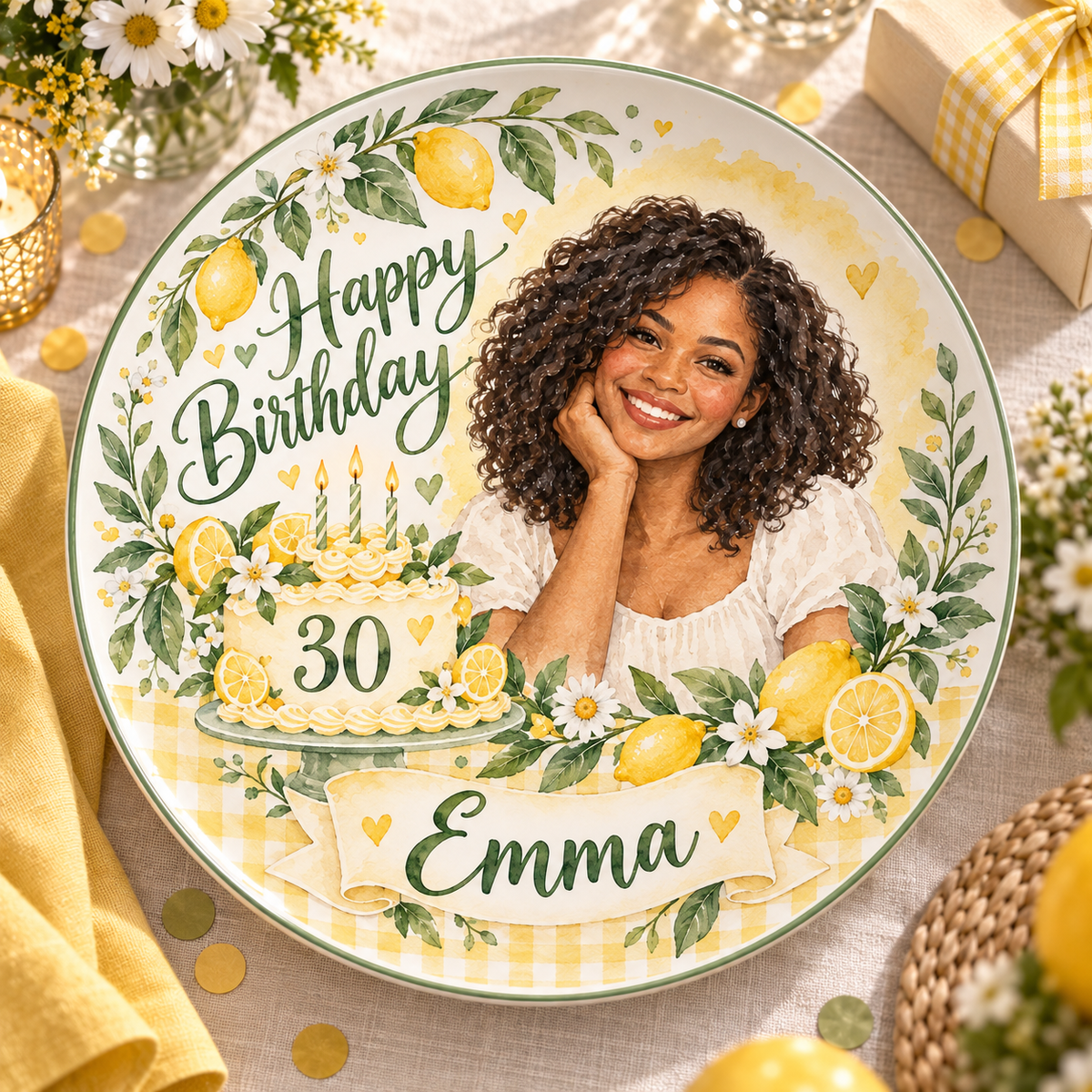 Personalized Lemon Birthday Ceramic Plate - Watercolor Portrait, Custom Name and Age