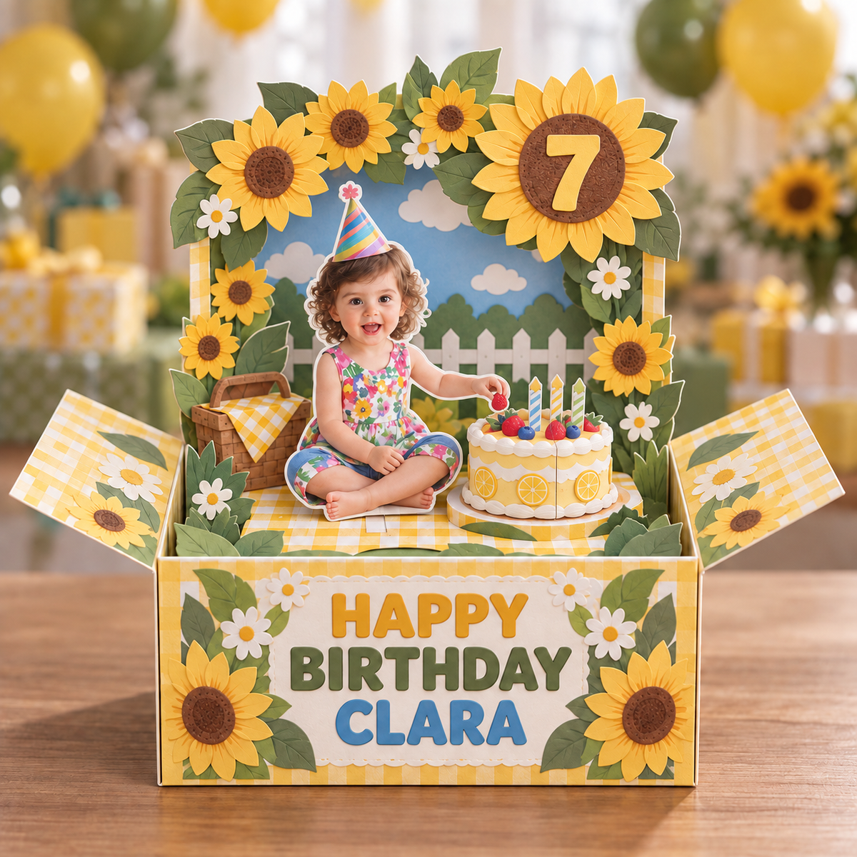 Personalized Sunflower Pop-Up Box Card - Birthday Cake Picnic with Custom Photo, Name and Age