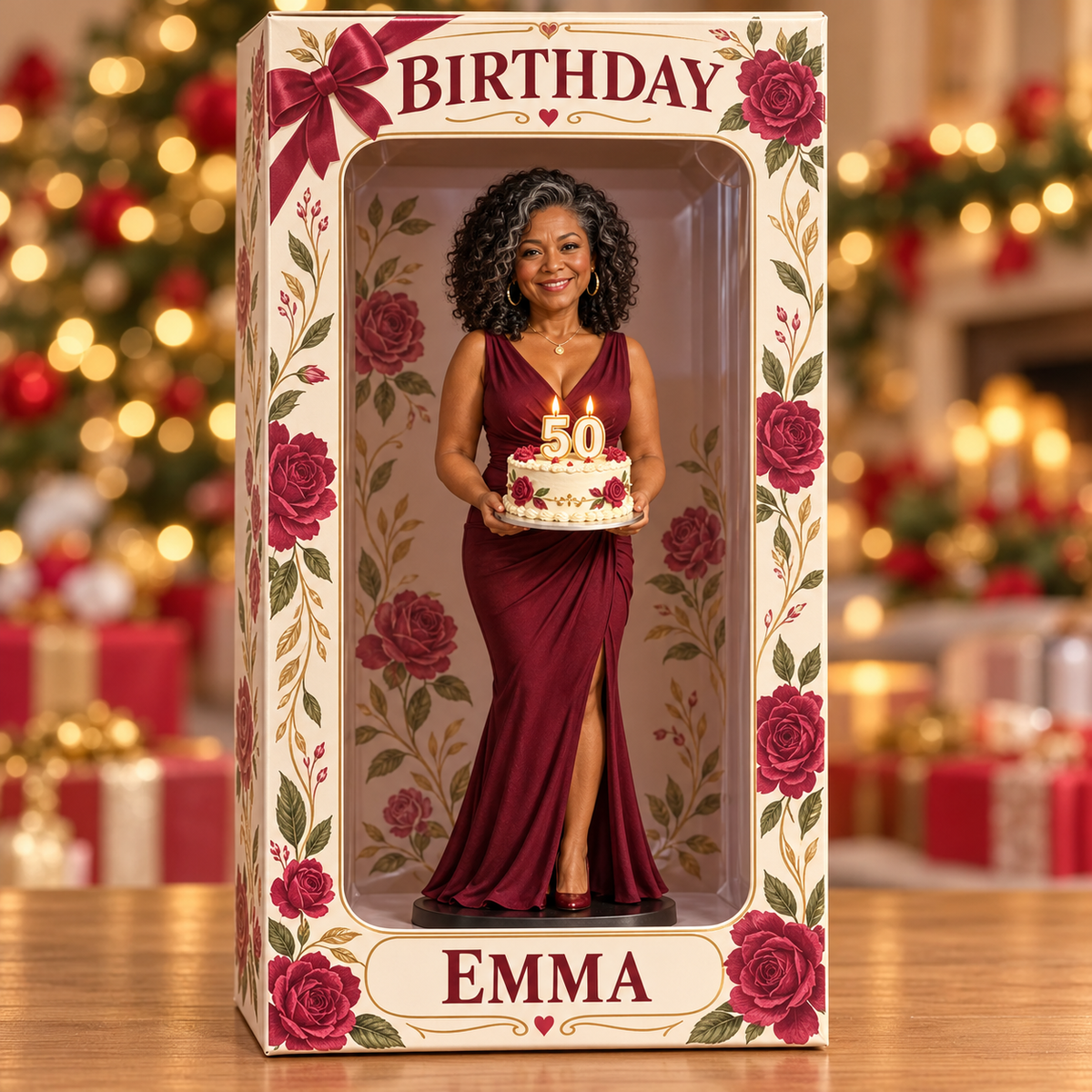 Personalized Custom Photo Red Rose Figurine Display Box - 50th Birthday Gift for Women