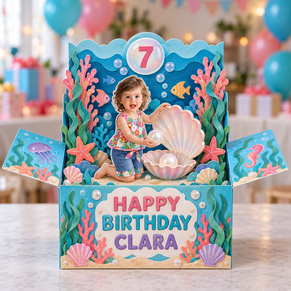 Personalized Undersea Pop-Up Box Card - Shell and Pearl Birthday Gift with Custom Photo, Name and Age