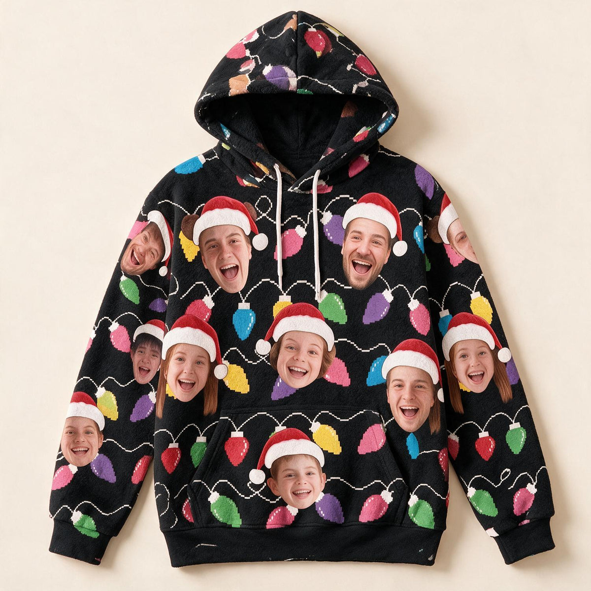 Custom Photo Christmas Family Face Print Fleece Hoodie, Funny Xmas Party Gift