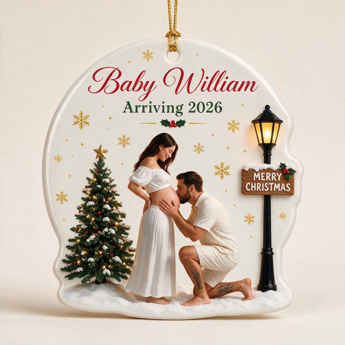Custom Photo Christmas Expecting Couple Ceramic Ornament - New Baby Announcement, Expecting Parents Gift