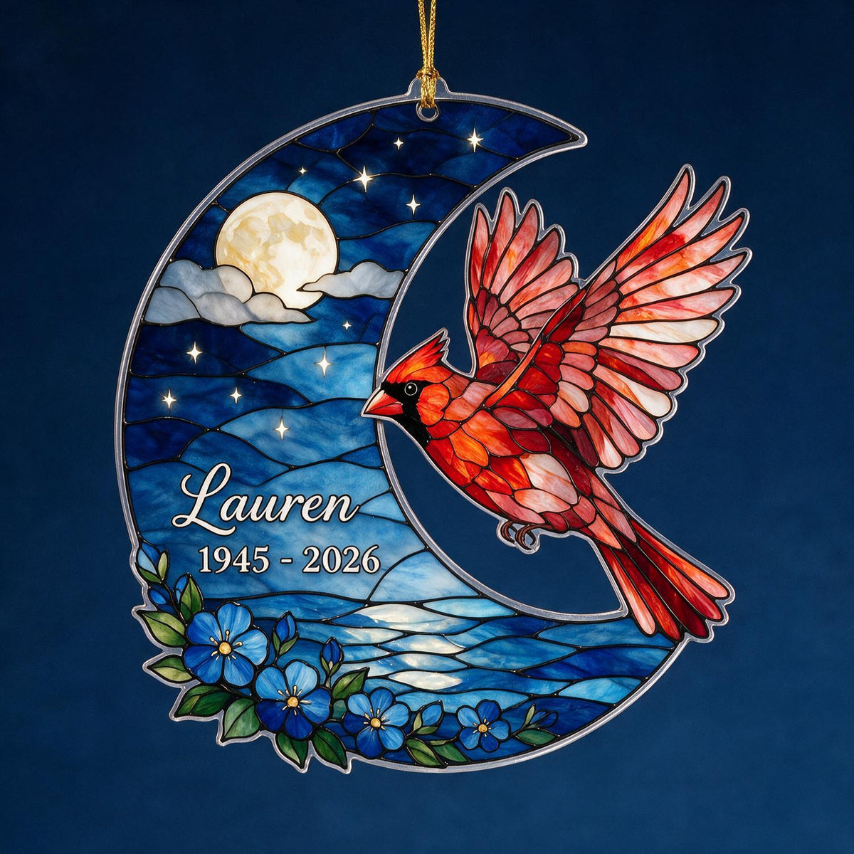 Personalized Memorial Pet Photo Acrylic Ornament - Crescent Moon Stained Glass Style Sympathy Gift