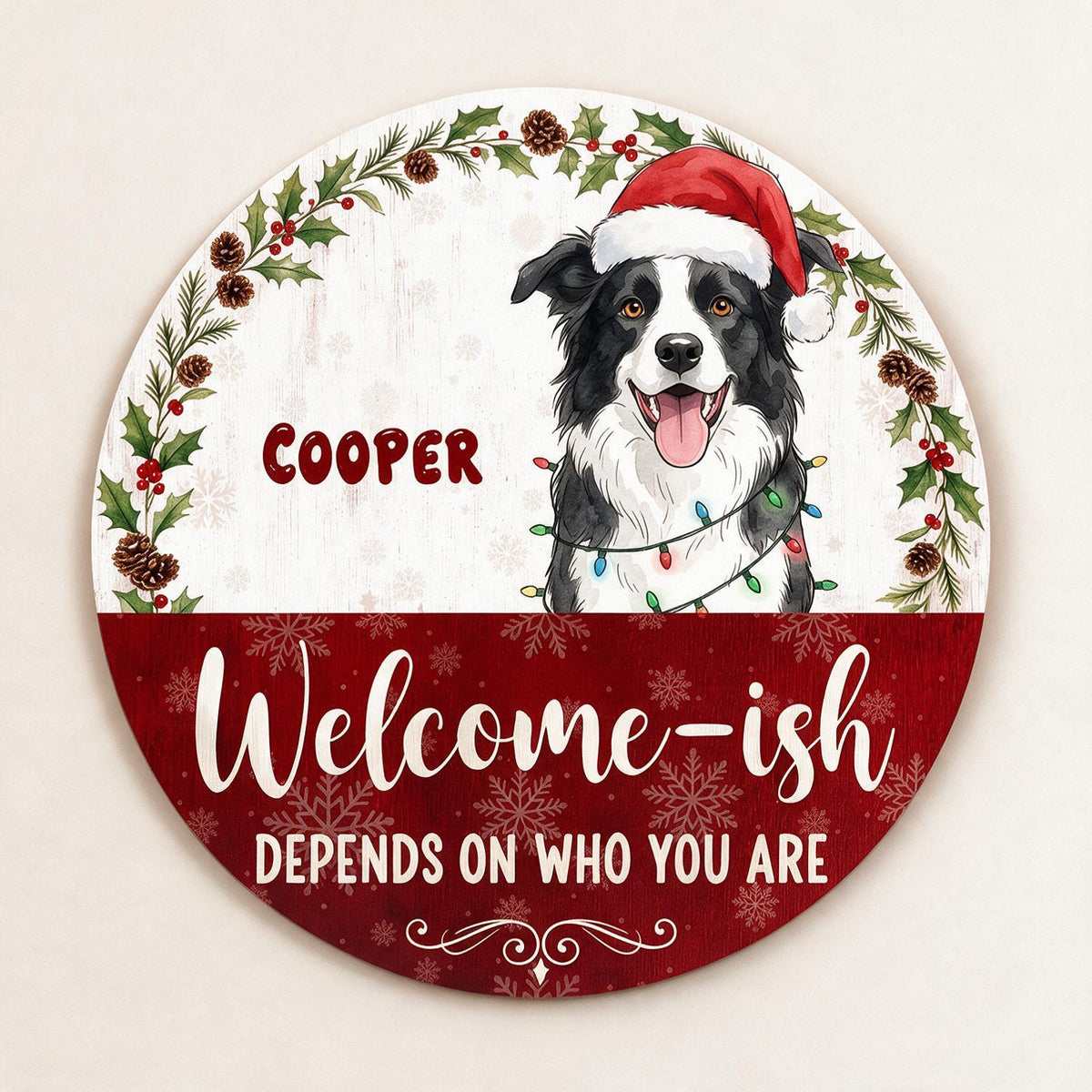 Personalized Christmas Border Collie Welcome-ish Round Wood Sign, Funny Dog Front Door Decor