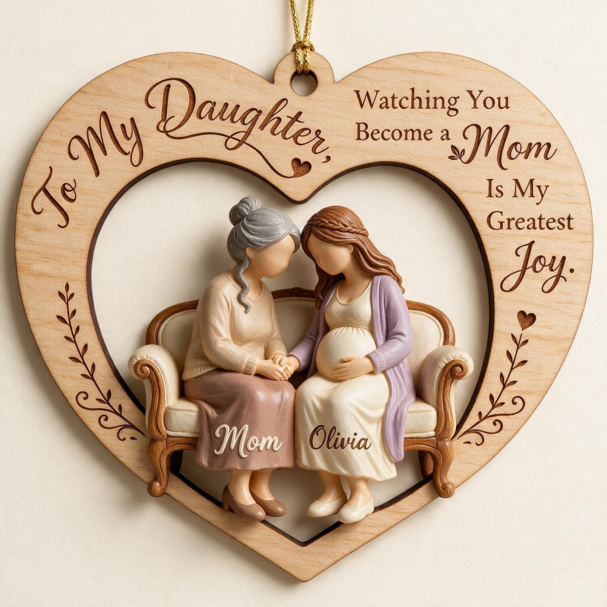 Personalized Christmas Mom & Expecting Daughter Heart Wooden Ornament New Mom Keepsake Gift
