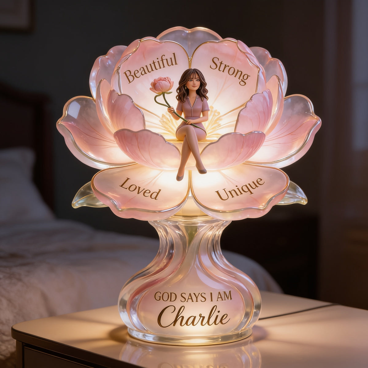 Personalized Middle-Aged Latina Woman Flower Acrylic LED Night Light Self Love Gift