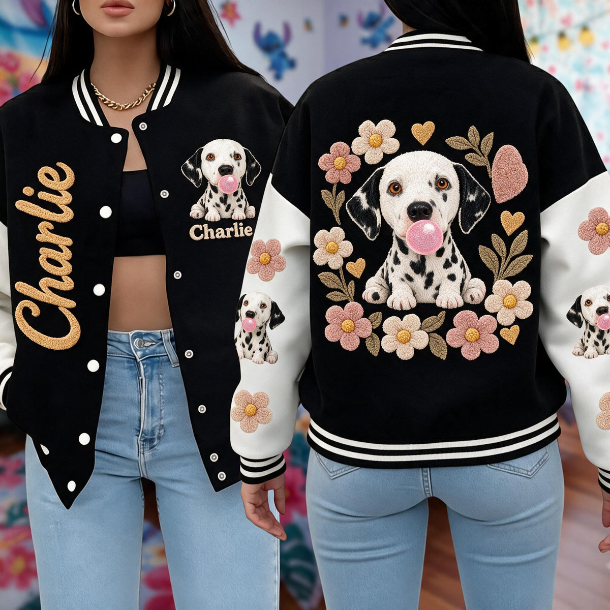 Personalized Black and White Spotted Dalmatian Varsity Jacket