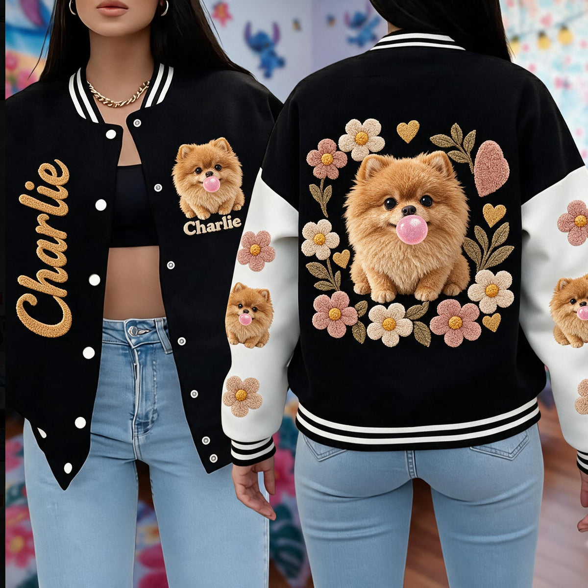 Personalized Fluffy Golden Tan Pomeranian Varsity Jacket Dog Lover Gift