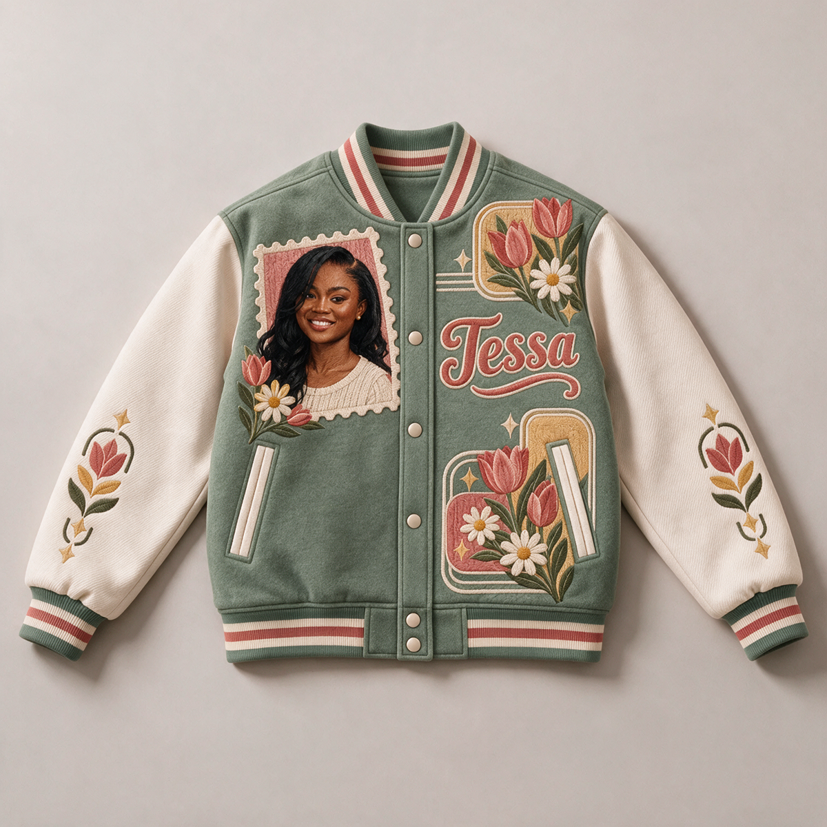 Personalized Birthday Varsity Jacket - Retro Floral Portrait and Name