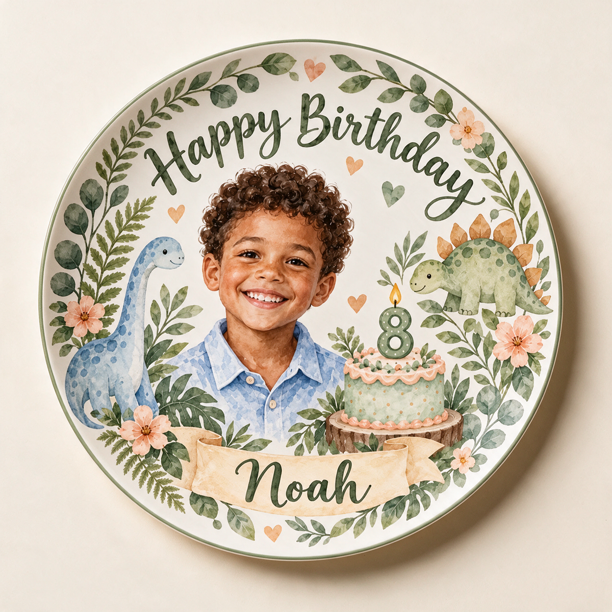 Personalized Dinosaur Birthday Ceramic Plate - Watercolor Portrait, Custom Name and Age