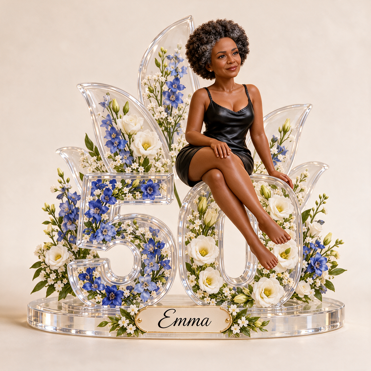Personalized Custom Photo Blue Floral Custom Shaped Acrylic Plaque - 50th Birthday Gift for Women