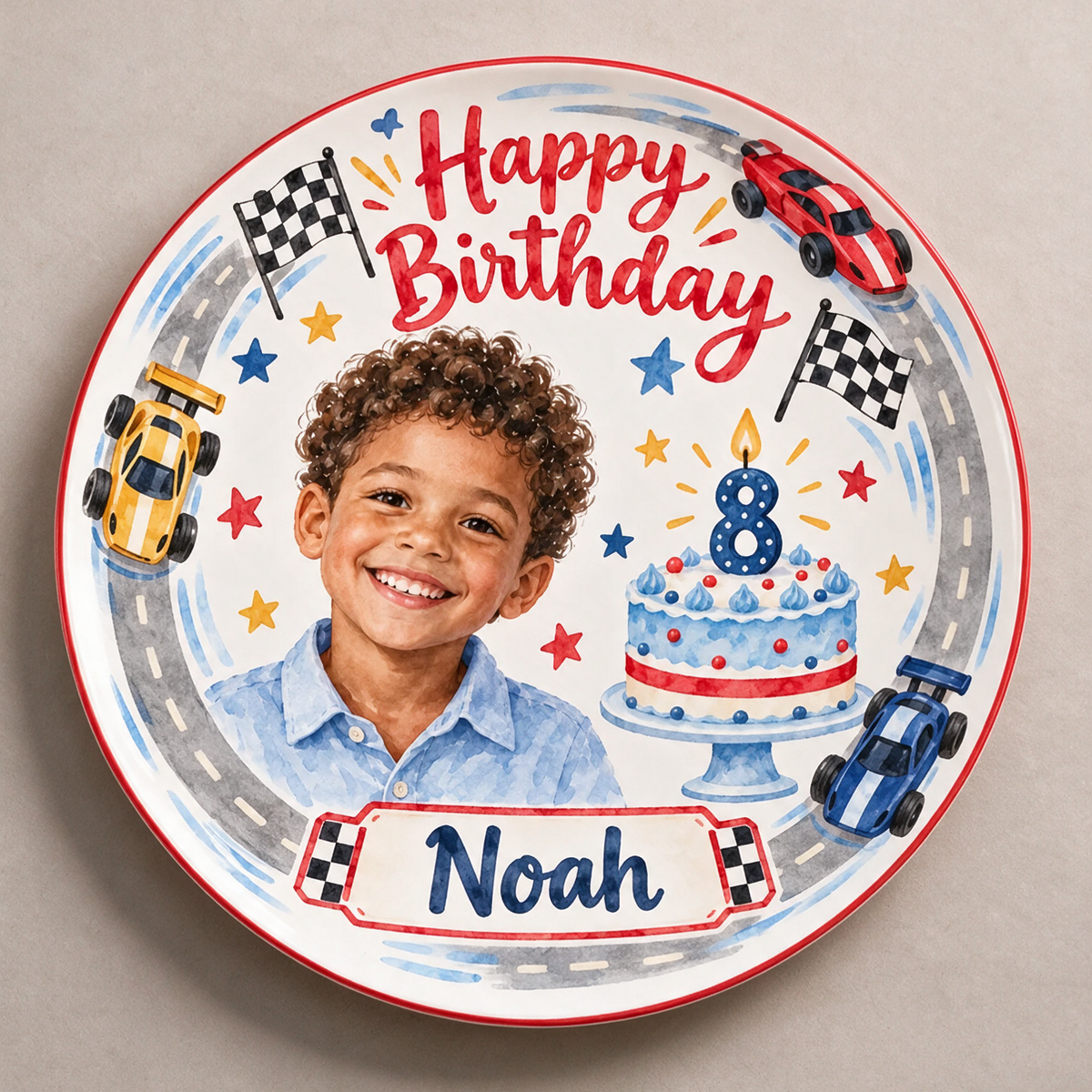 Personalized Race Car Ceramic Plate - Birthday Watercolor Portrait, Custom Name and Age