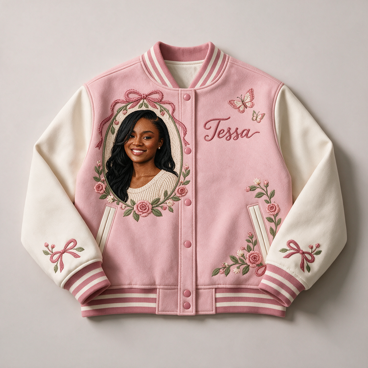 Personalized Rose Bow Varsity Jacket - Women's Embroidered Portrait and Name