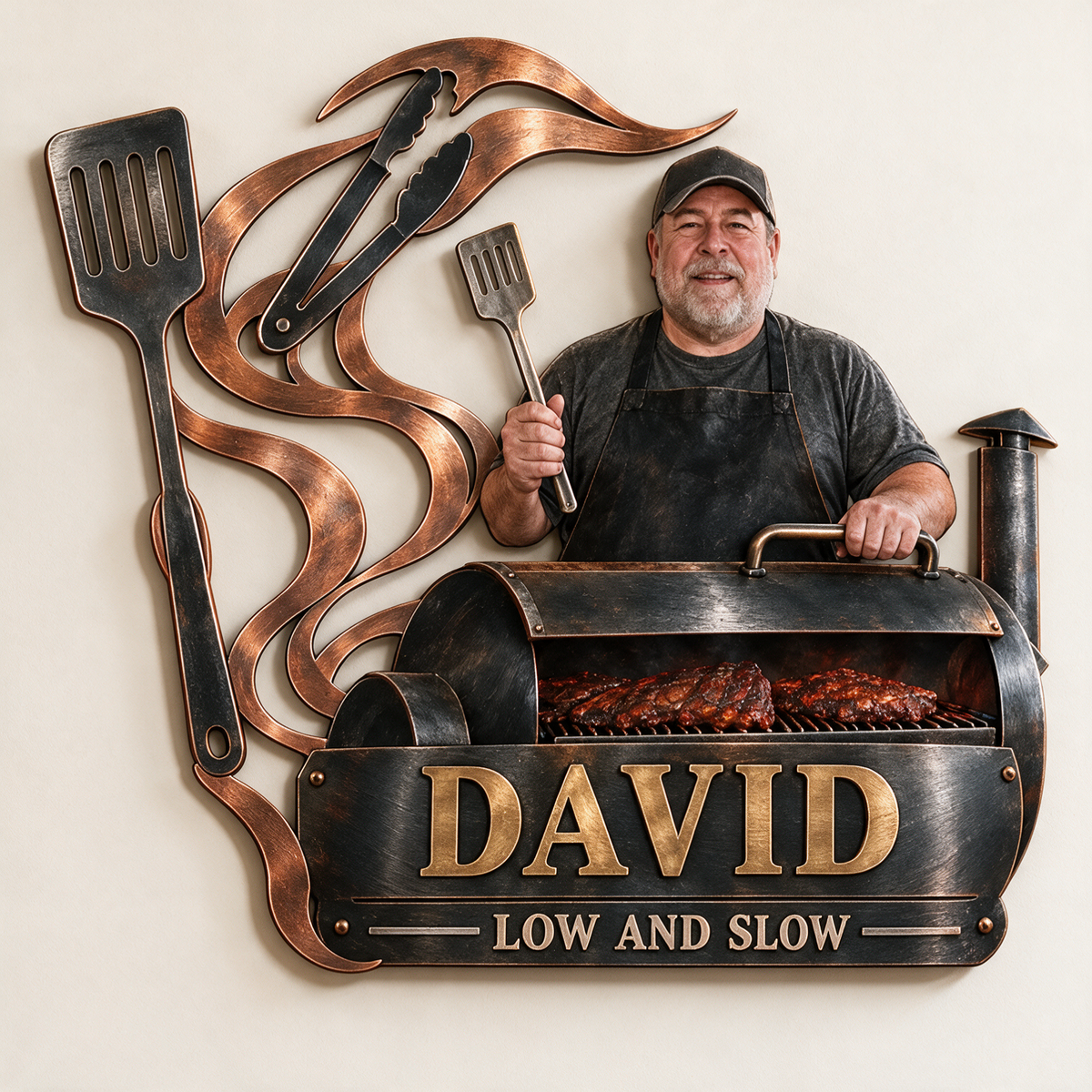 Personalized BBQ Metal Wall Art - Custom Portrait and Name, Grilling Wall Decor