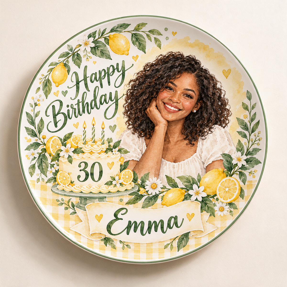 Personalized Lemon Birthday Ceramic Plate - Watercolor Portrait, Custom Name and Age