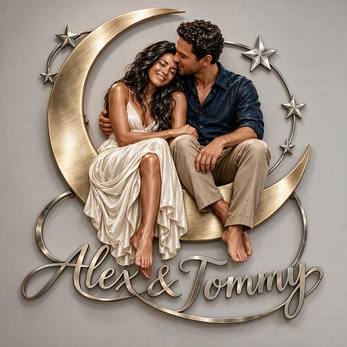 Personalized Custom Photo Moon and Stars Couple 3D Metal Wall Art - Bedroom Decor Gift for Young Couples