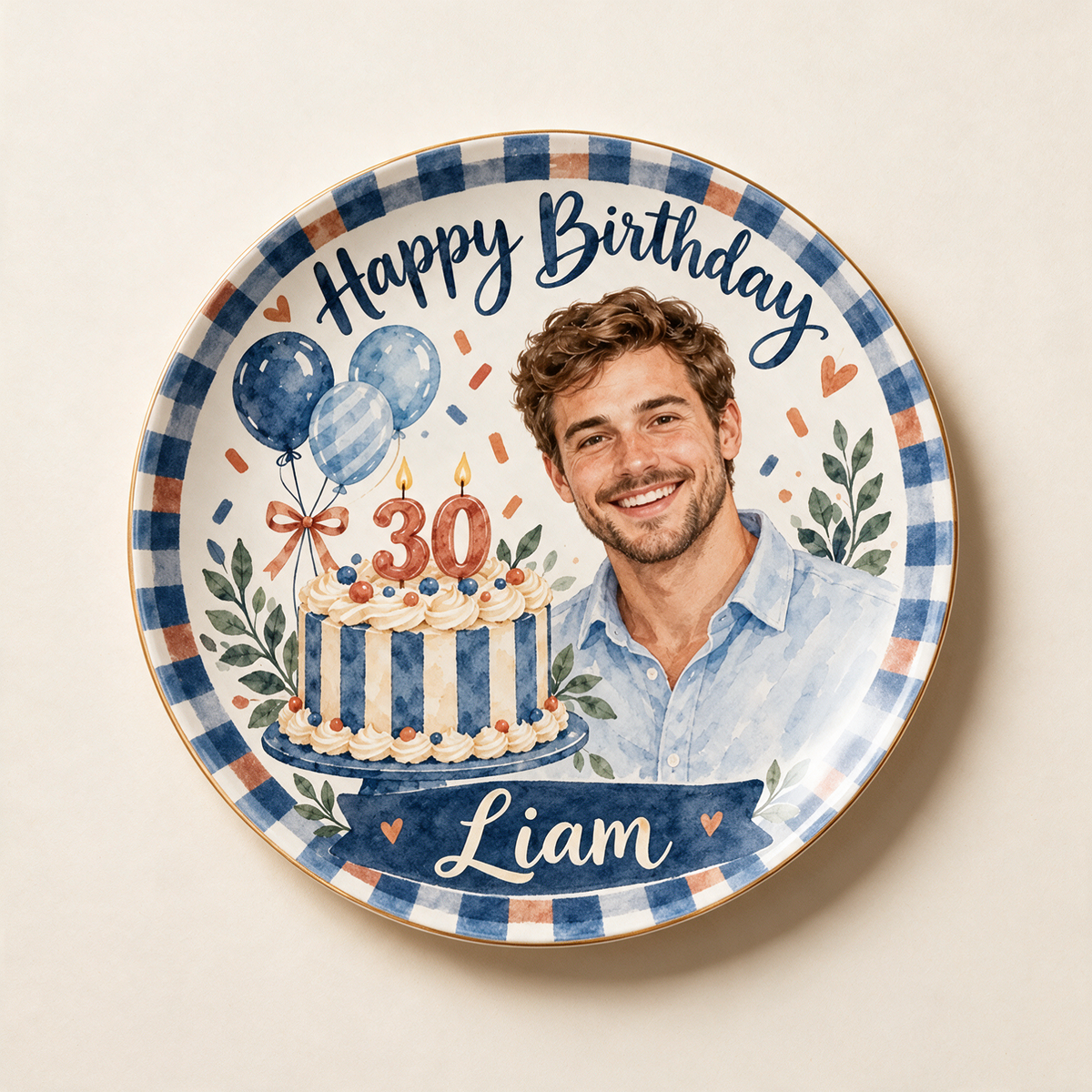 Personalized Birthday Ceramic Round Plate - Navy Gingham Watercolor Portrait Gift