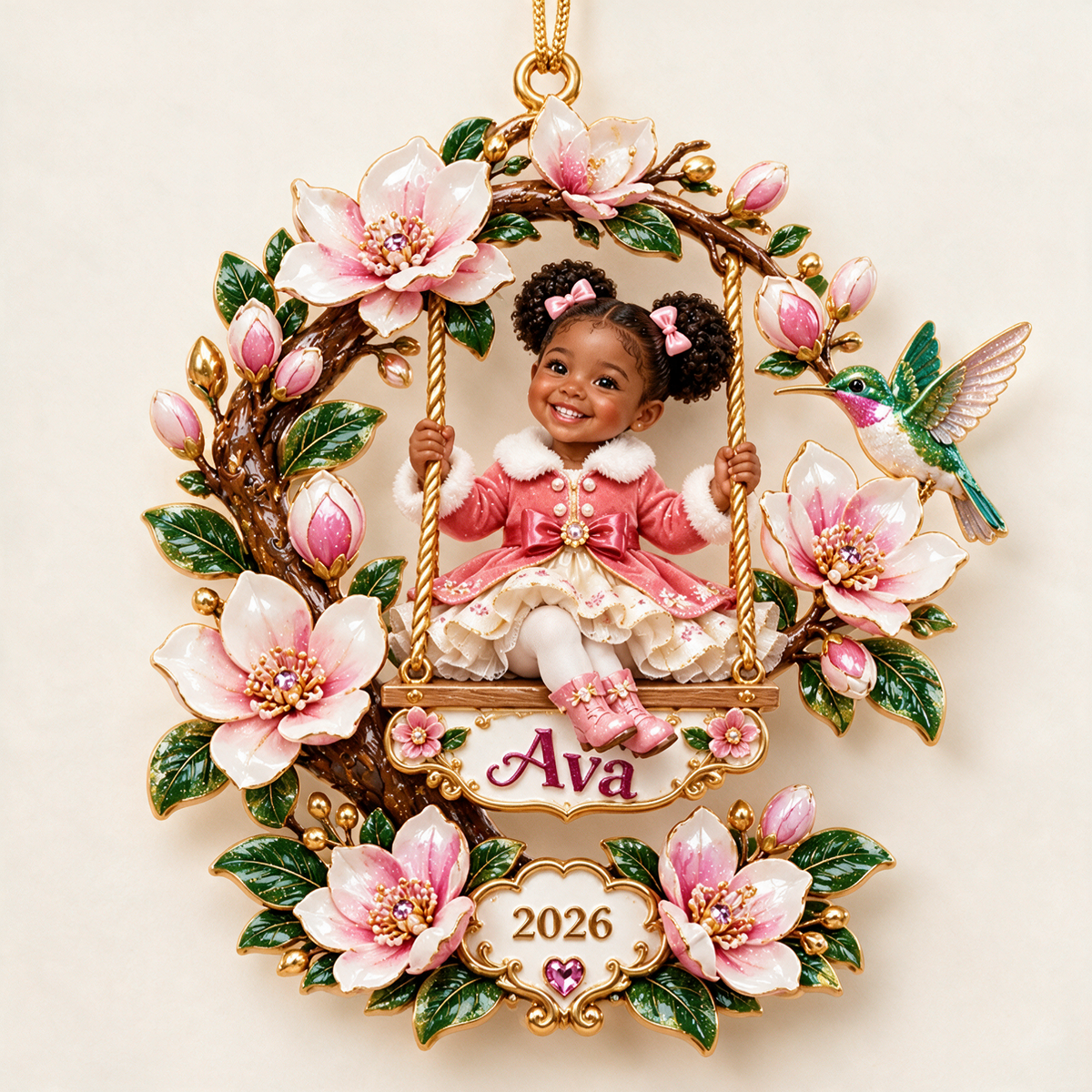 Personalized Custom Photo Magnolia Swing 3D Ornament - 2026 Christmas Gift for Little Girls