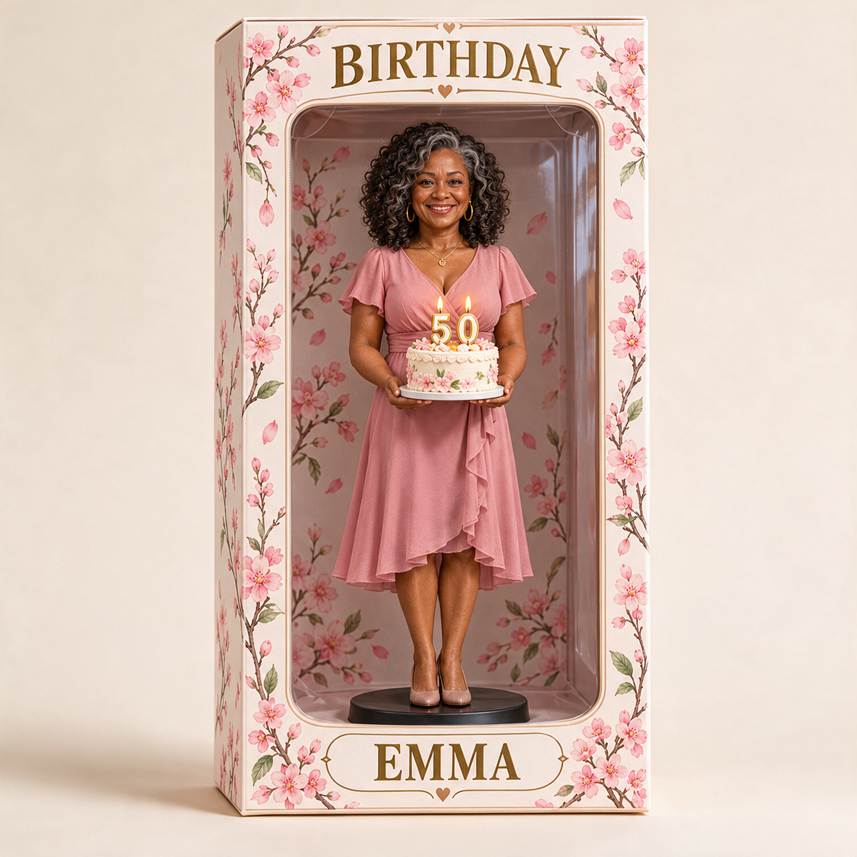 Personalized Custom Photo Cherry Blossom Figurine Display Box - 50th Birthday Gift for Women