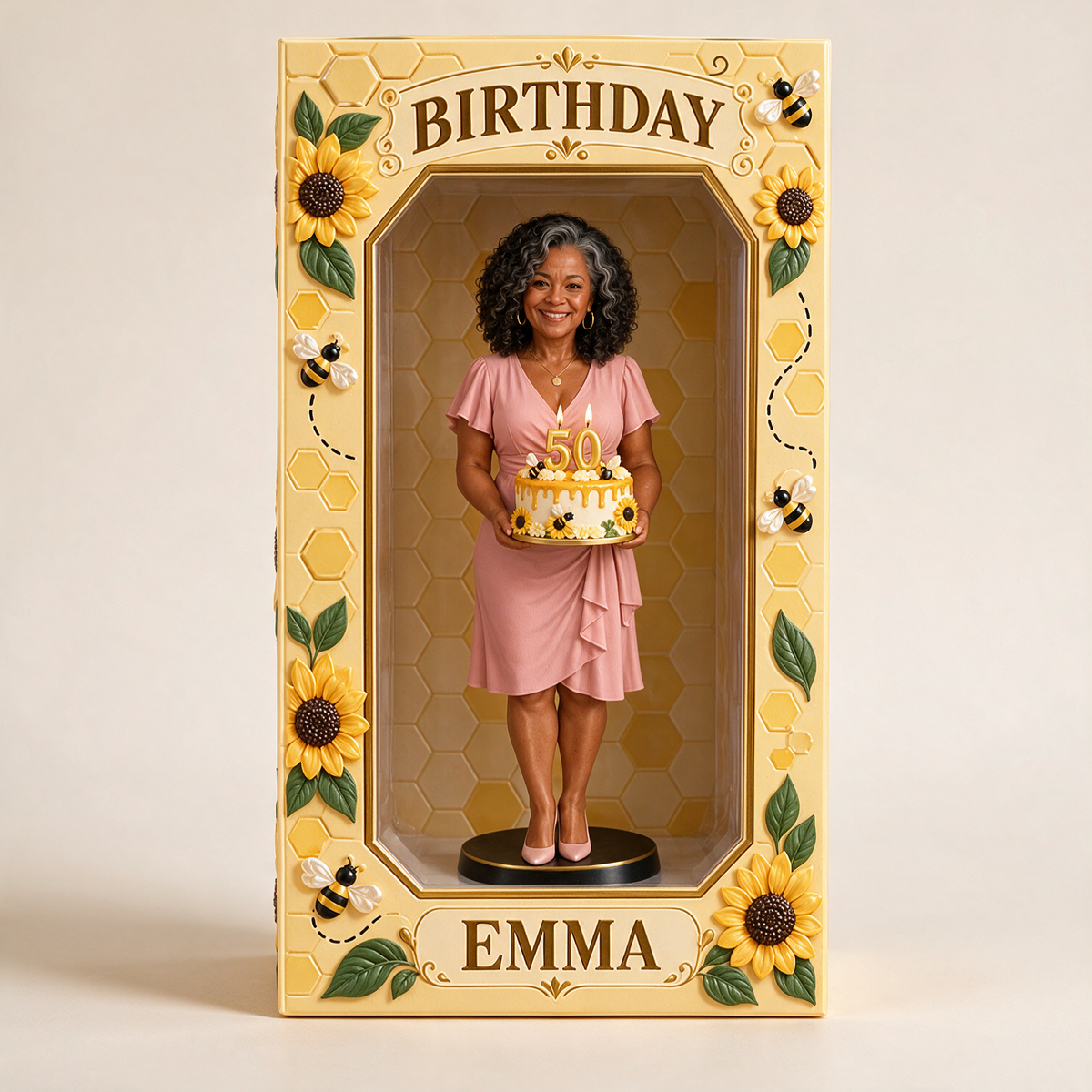 Personalized Custom Photo Sunflower Bee Figurine in Acrylic Display Box - 50th Birthday Gift for Women