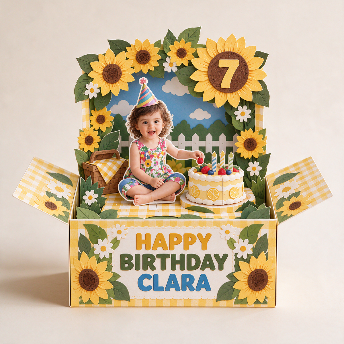 Personalized Sunflower Pop-Up Box Card - Birthday Cake Picnic with Custom Photo, Name and Age
