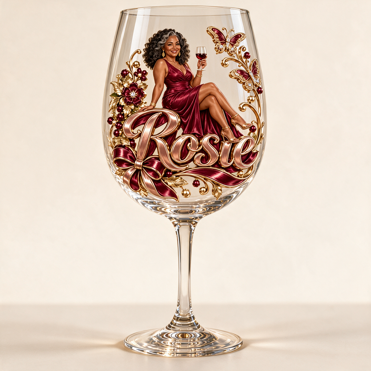 Personalized Custom Photo Floral Butterfly Wine Glass - Gift for Older Women