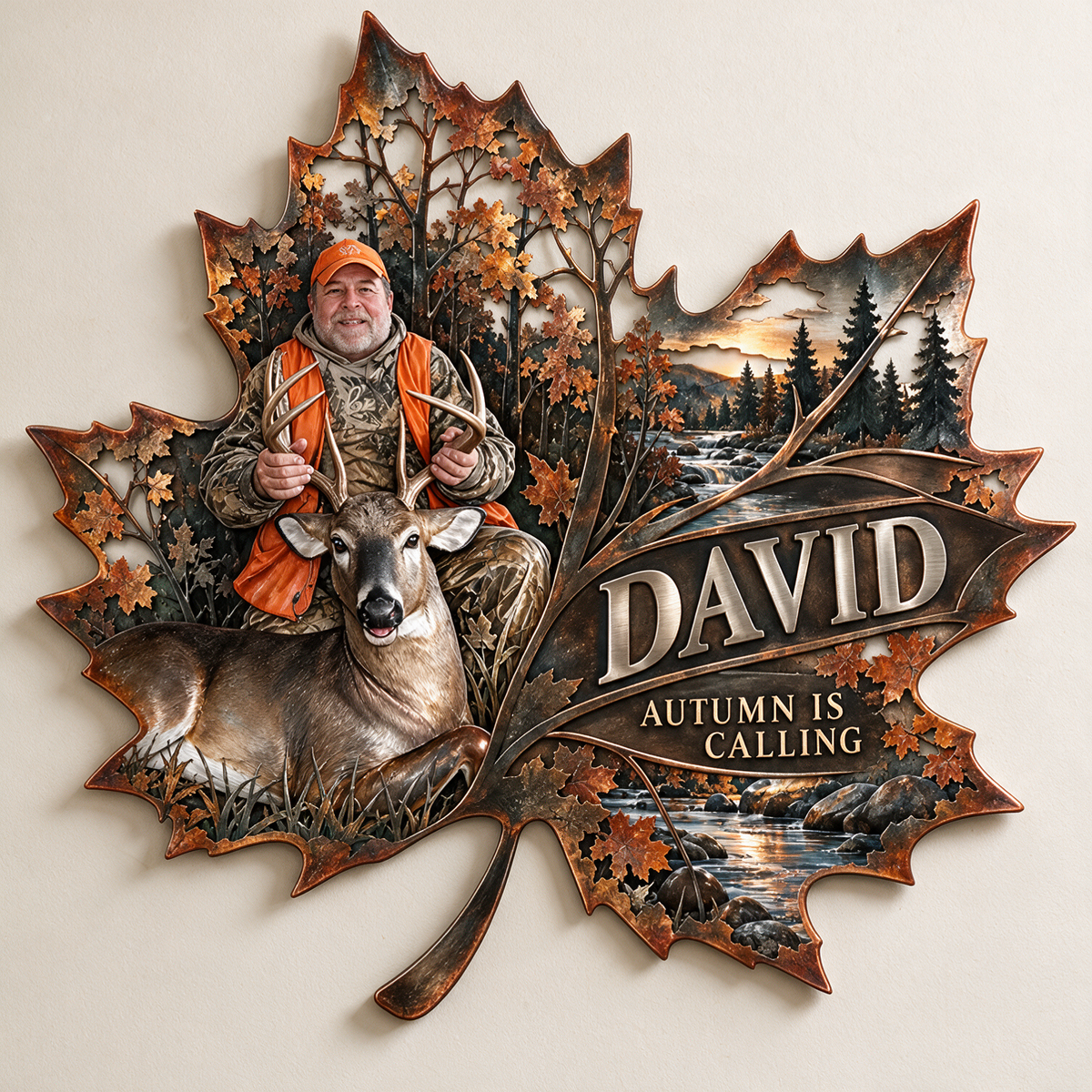 Personalized Hunting Metal Sign - Autumn Maple Leaf Wall Art with Custom Photo, Name and Text