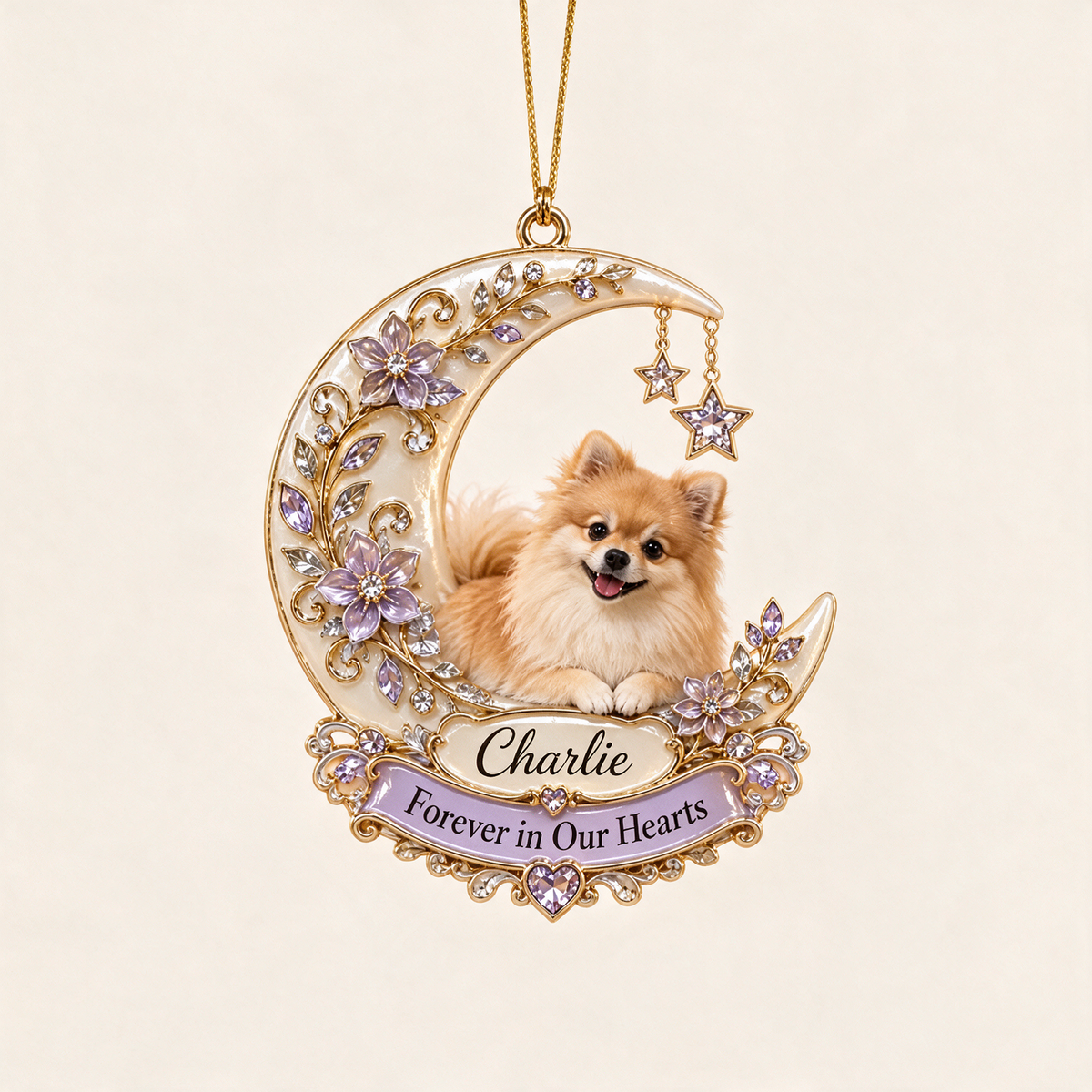 Personalized Custom Photo Pomeranian Memorial 3D Crescent Moon Ornament - Christmas Dog Lover Gift