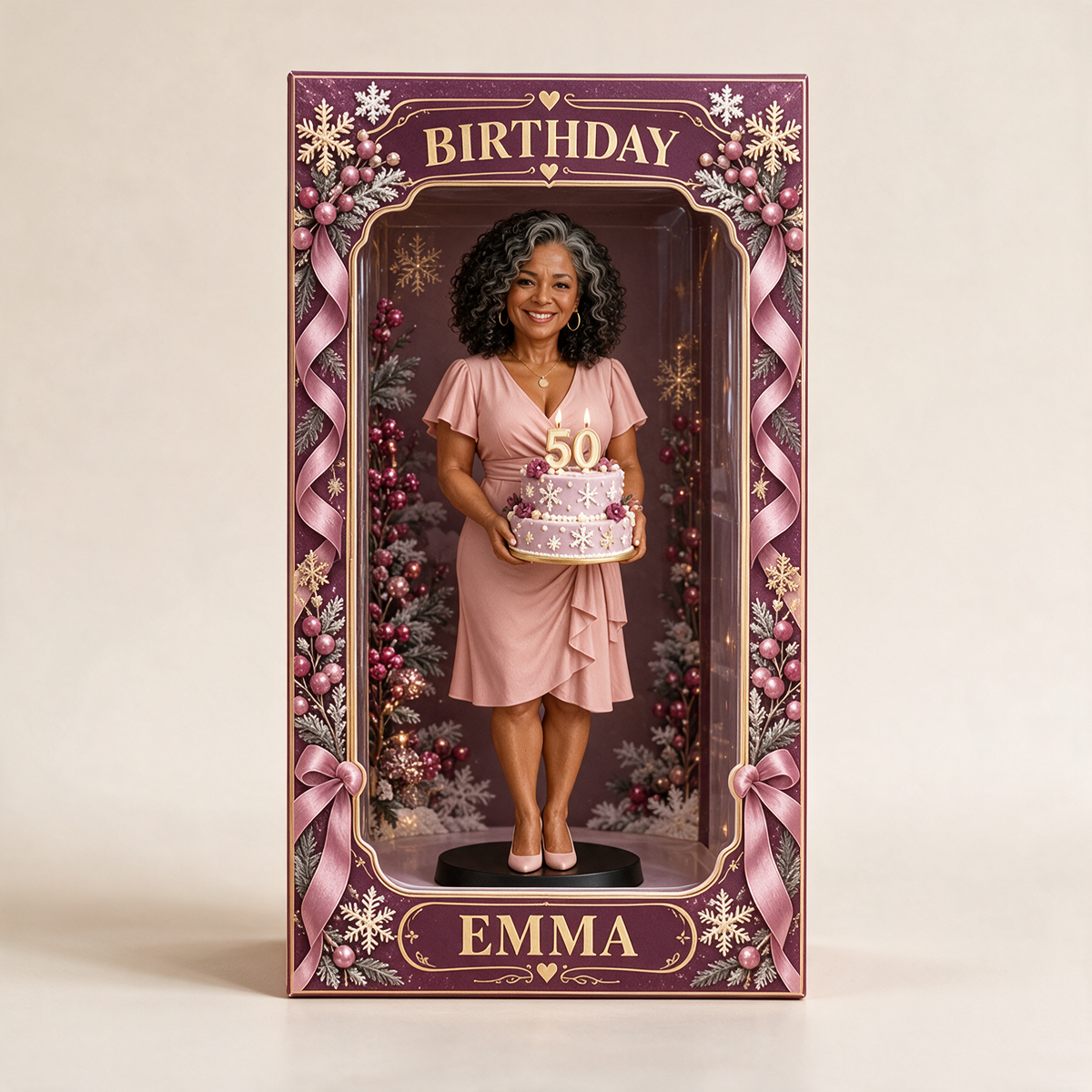 Personalized Custom Photo Winter Snowflake Figurine in Acrylic Display Box - 50th Birthday Gift for Women
