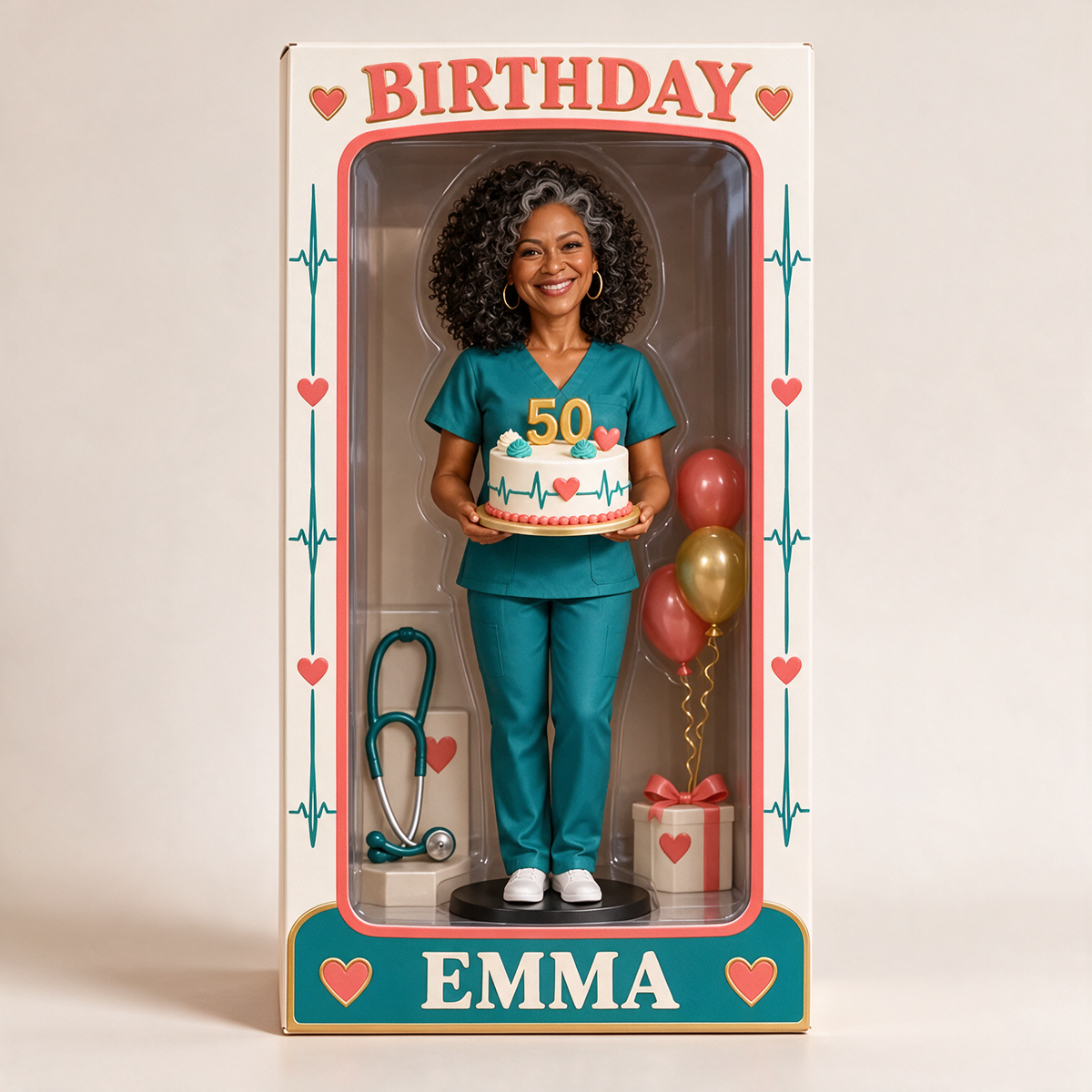 Personalized Nurse Figurine Display Box - Birthday Photo Portrait with Custom Name and Age