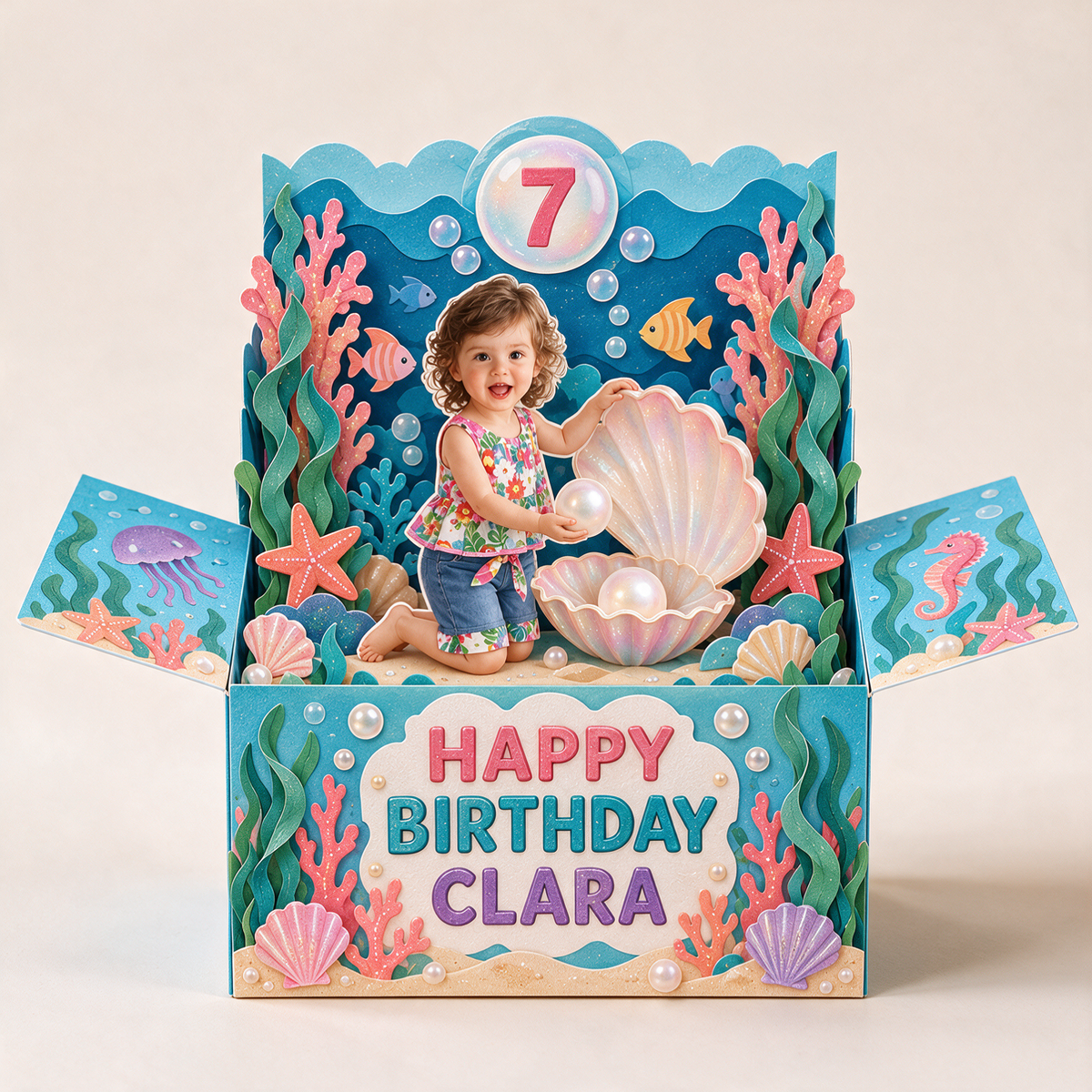 Personalized Undersea Pop-Up Box Card - Shell and Pearl Birthday Gift with Custom Photo, Name and Age