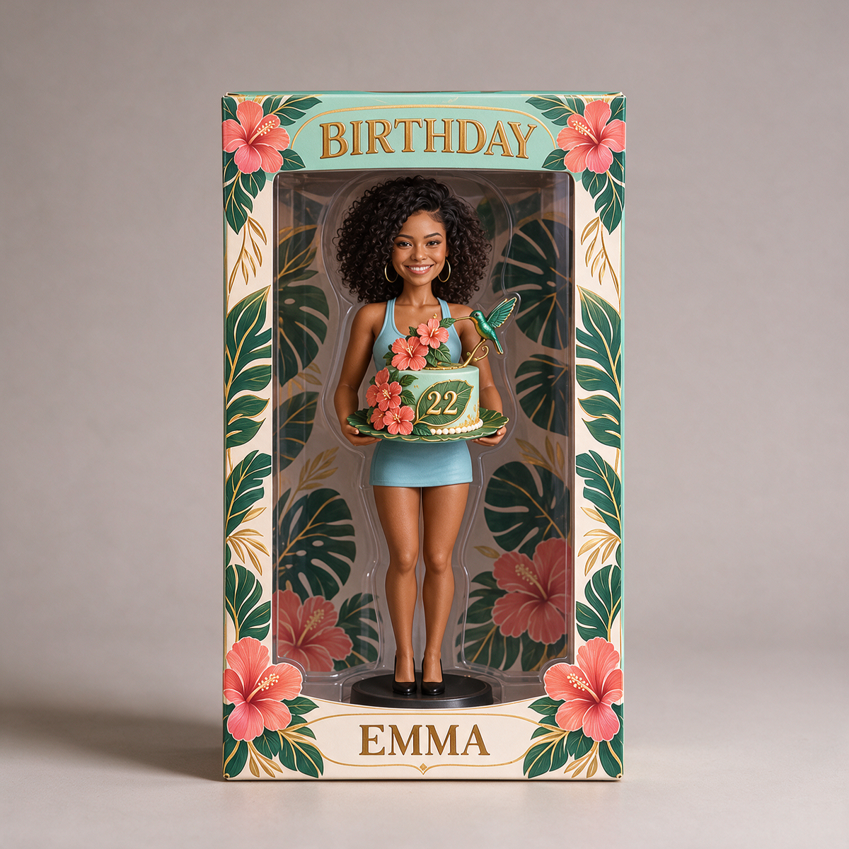 Personalized Birthday Display Box - Portrait Figurine with Butterfly Cake, Name and Age