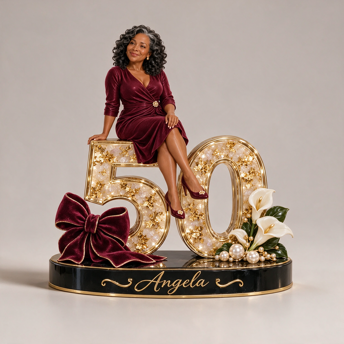 Personalized Custom Photo Burgundy Bow Custom Shaped Acrylic Plaque - 50th Birthday Gift for Women