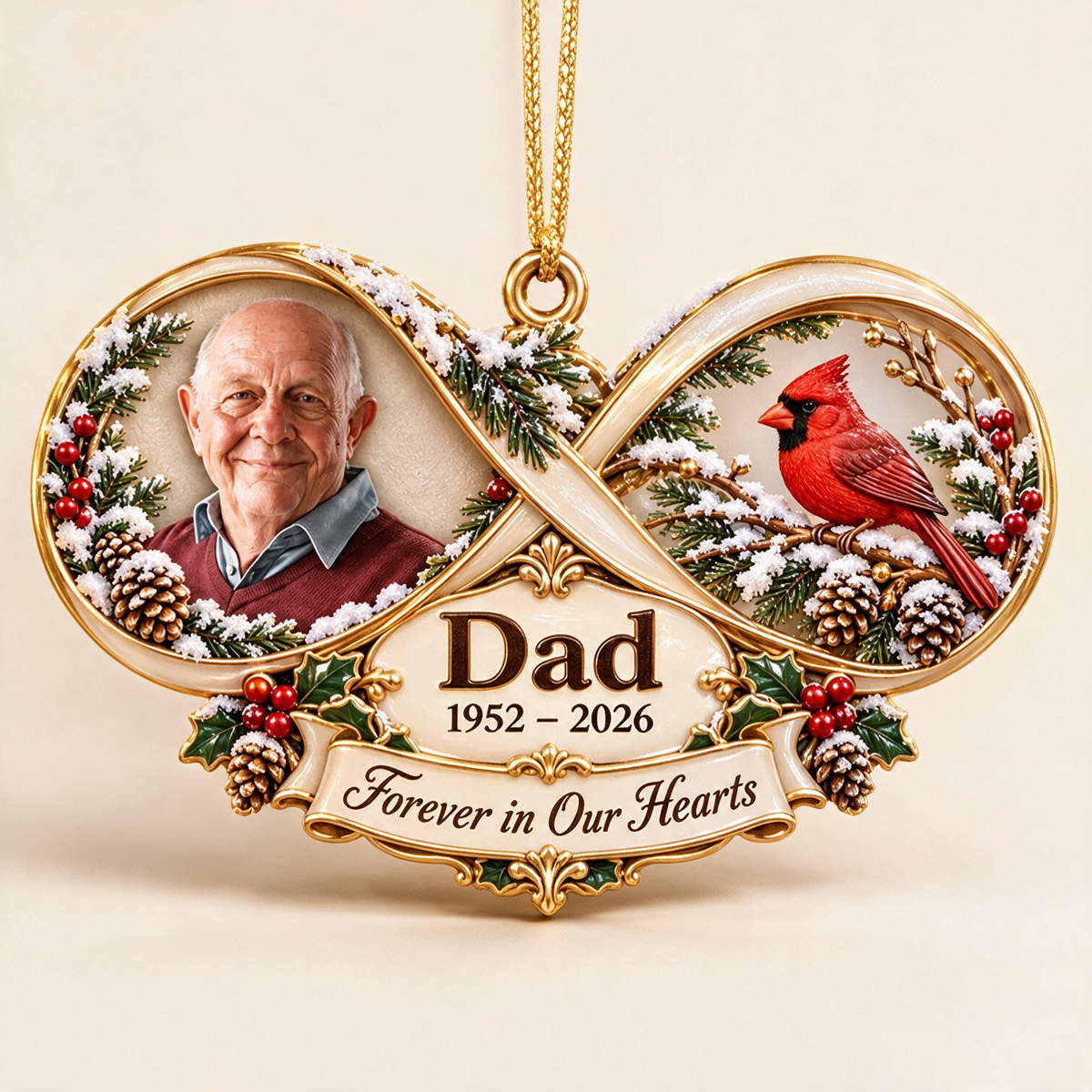 Personalized Custom Photo Dad Memorial Infinity Cardinal 3D Ornament - Christmas Remembrance Keepsake