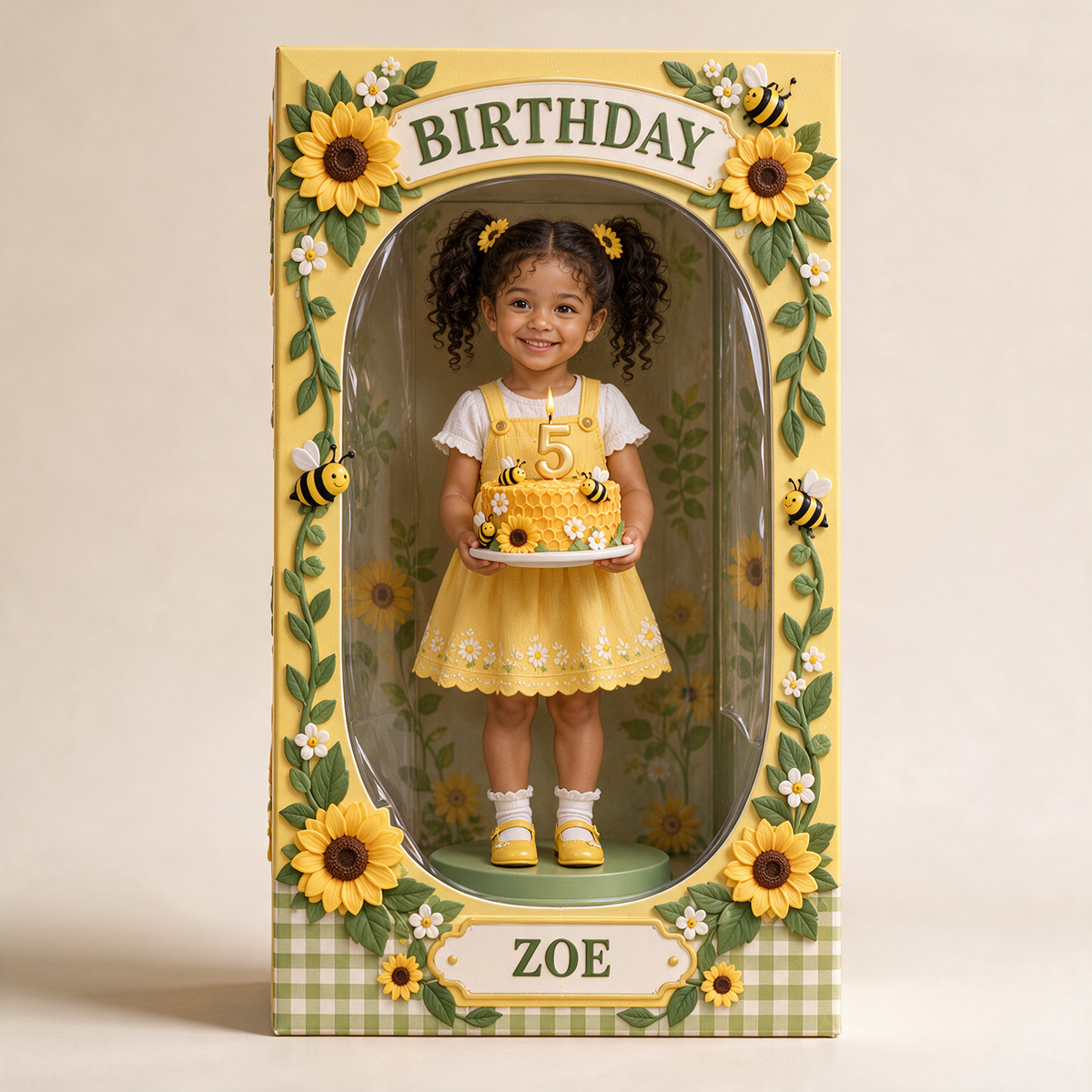 Personalized Custom Photo Sunflower Bee Acrylic Display Box - 5th Birthday Gift for Girls