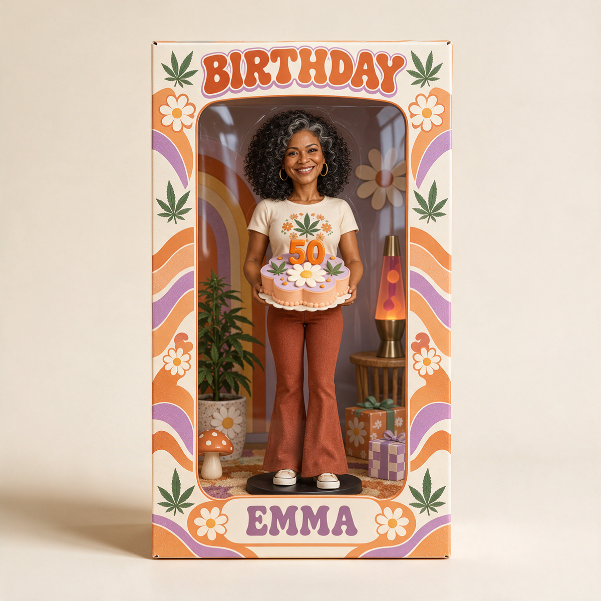Personalized Hippie Acrylic Display Box - Retro Daisy Birthday Figurine Gift