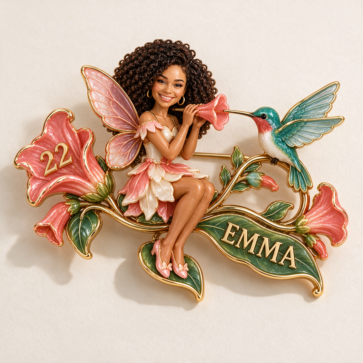 Personalized Flower Fairy Brooch - Birthday Gift with Custom Photo, Name and Age, Hummingbird and Trumpet Flowers