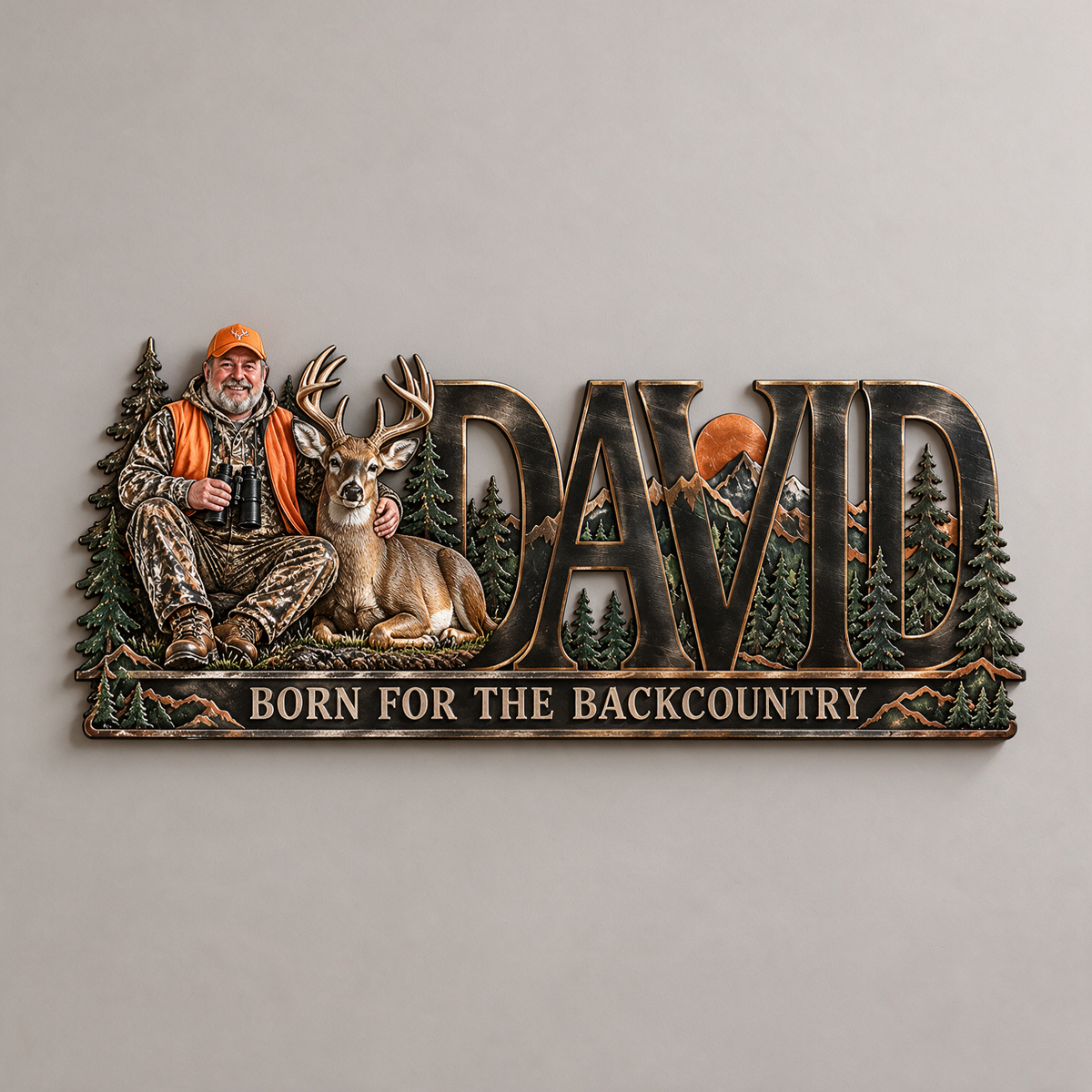Personalized Hunting Metal Sign - Custom Photo and Name Wall Art with Forest and Mountain Design