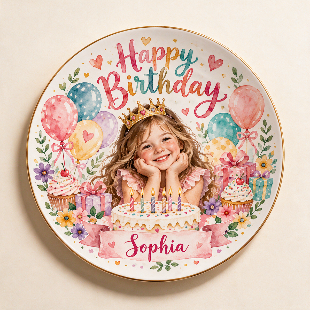 Personalized Colorful Birthday Ceramic Plate - Watercolor Portrait, Custom Name and Age