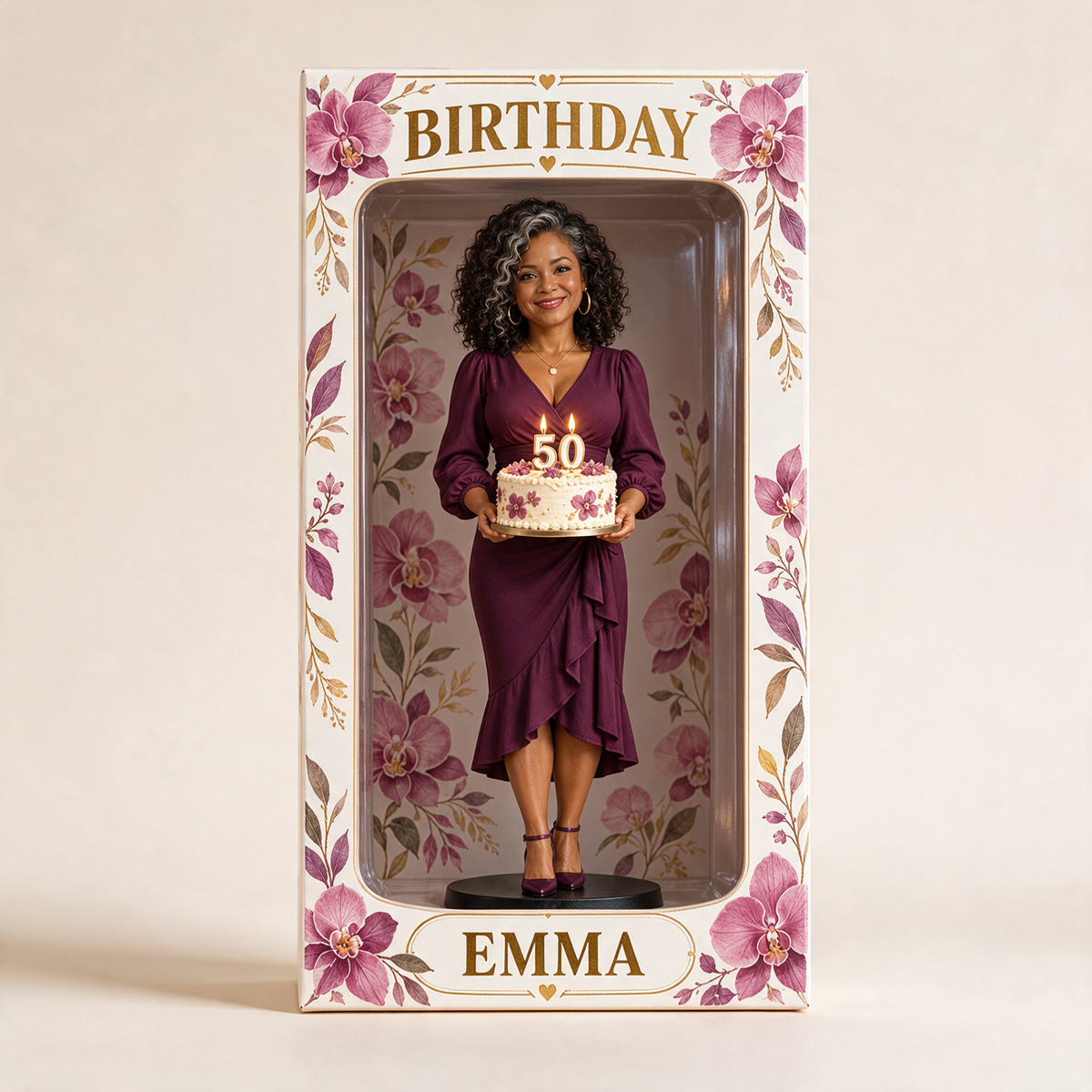 Personalized Custom Photo Orchid Figurine Display Box - 50th Birthday Gift for Women