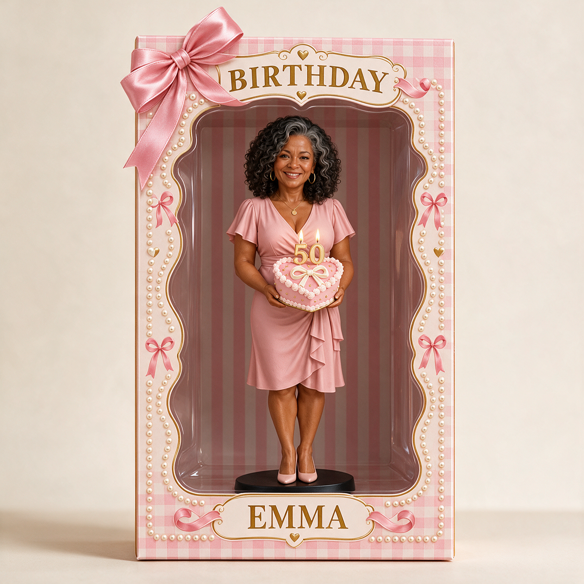 Personalized Custom Photo Pink Bow Figurine in Acrylic Display Box - 50th Birthday Gift for Women