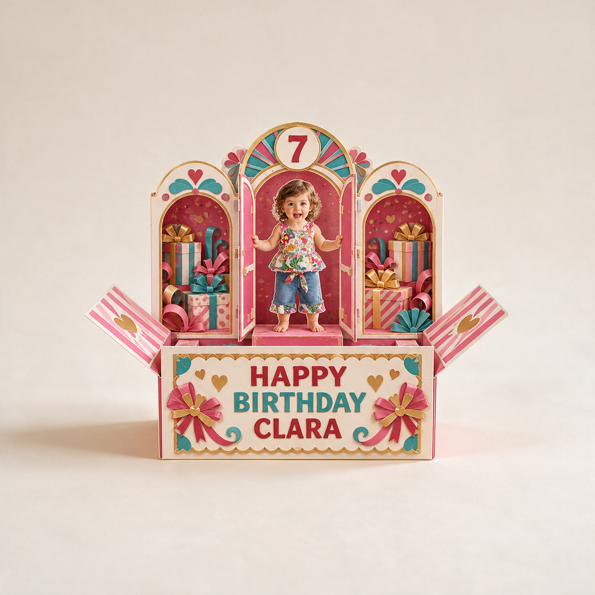 Personalized Birthday Pop Up Box Card - Arched Windows with Custom Photo, Name and Age