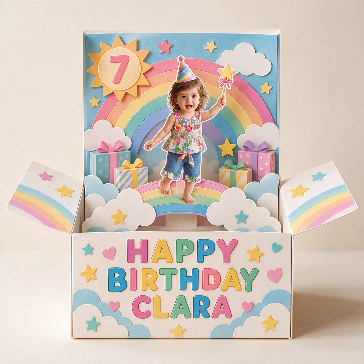 Personalized Birthday Rainbow Pop-Up Box Card with Custom Photo, Name and Age