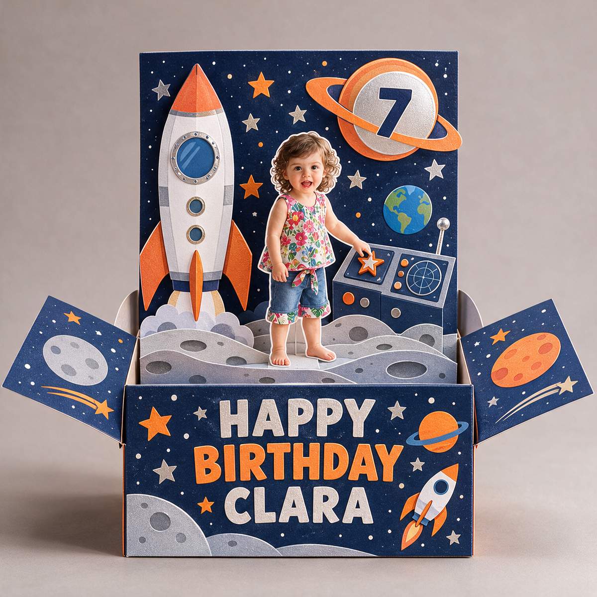 Personalized Space Rocket Pop-Up Box Card - Birthday Gift with Custom Photo, Name and Age
