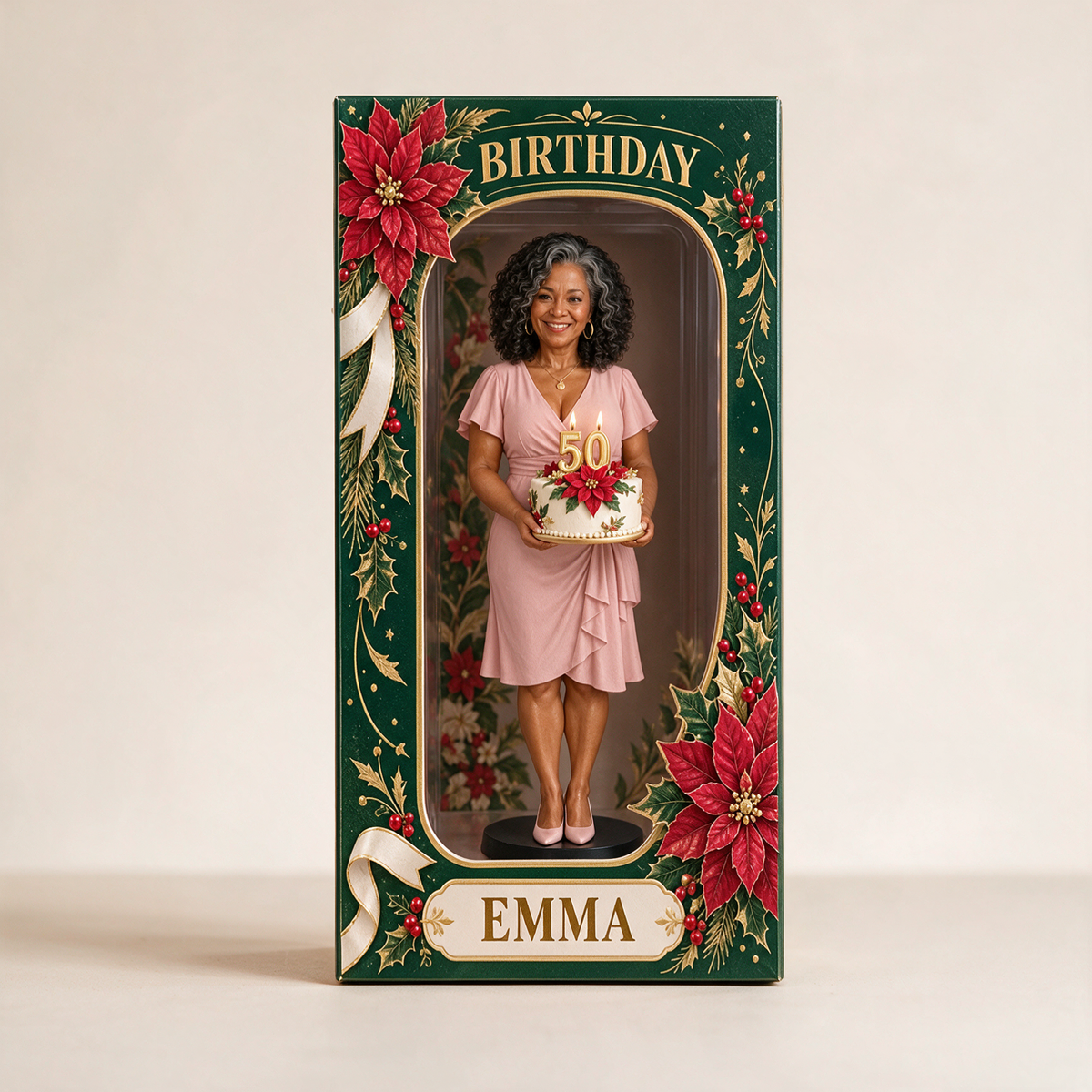 Personalized Custom Photo Poinsettia Figurine in Acrylic Display Box - 50th Birthday Gift for Women
