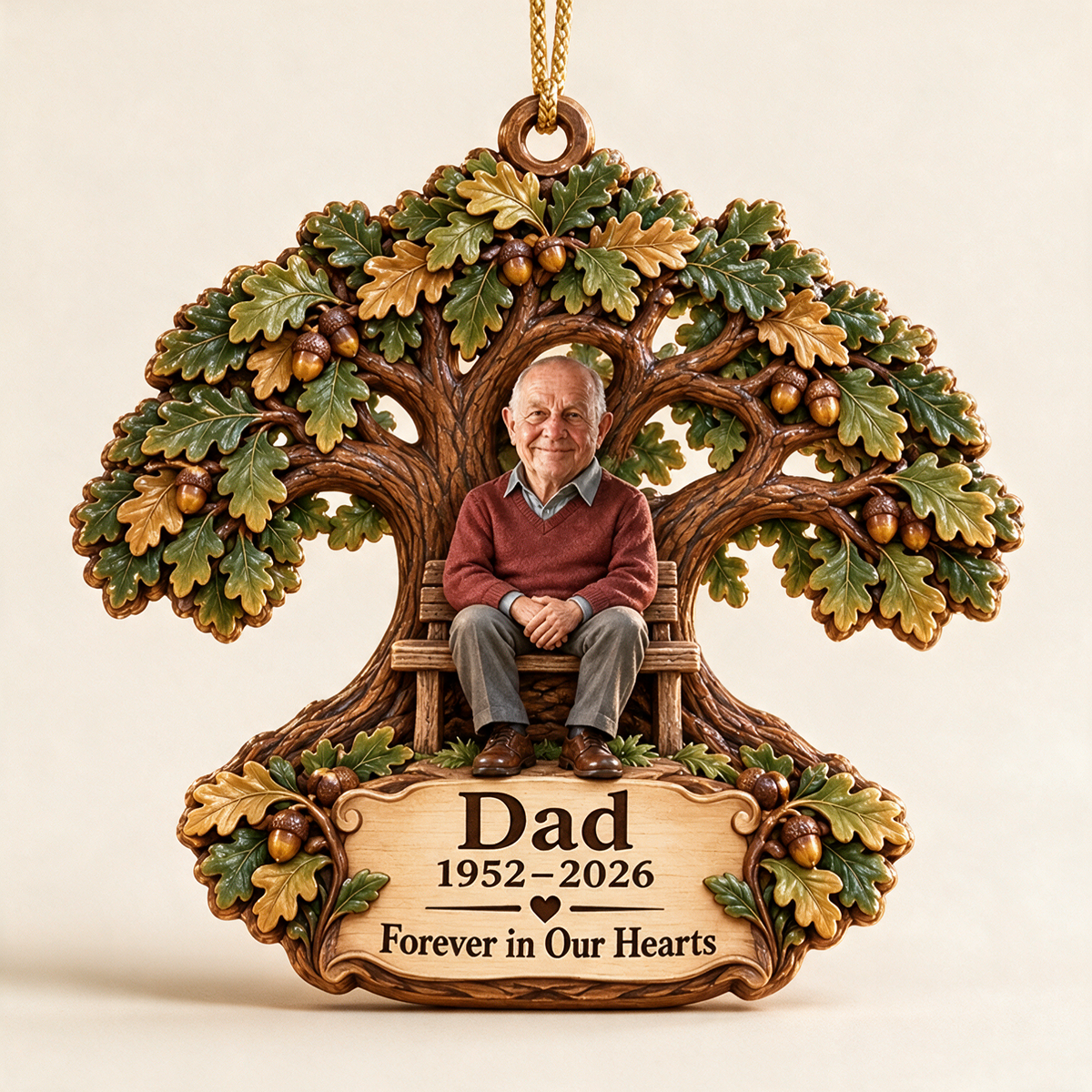 Personalized Custom Photo Dad Memorial Oak Tree Bench Layered Wood Ornament - Christmas Remembrance Keepsake