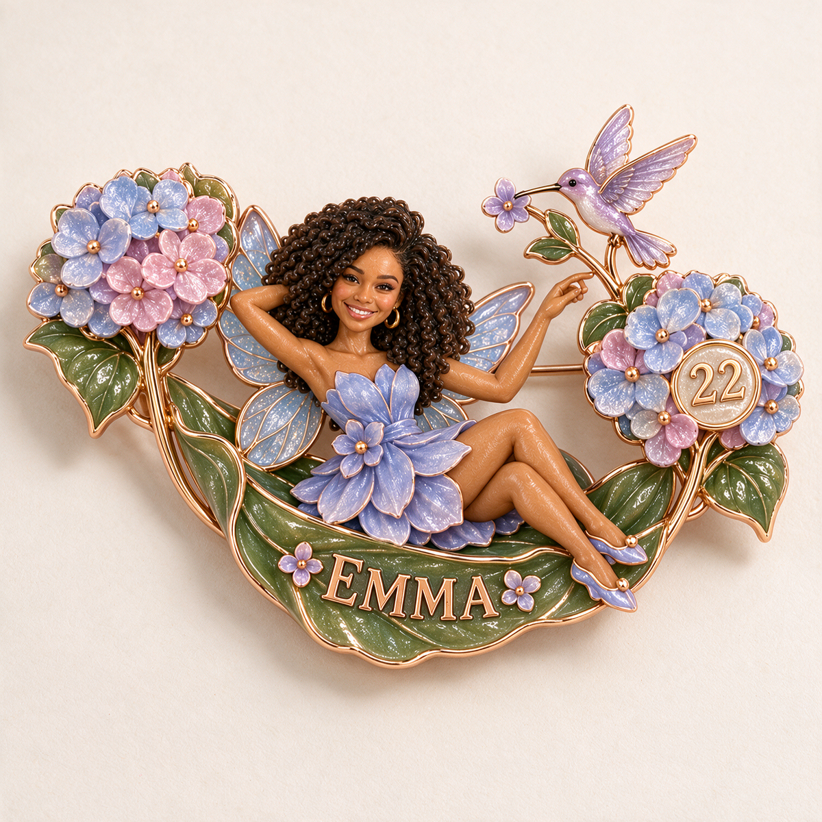 Personalized Hydrangea Hammock Dream Fairy Brooch - Birthday Gift with Custom Photo, Name and Age